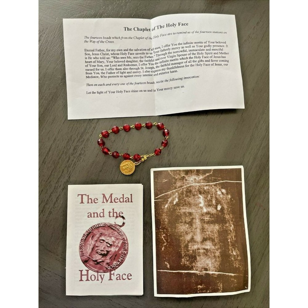 Handmade Catholic Holy Face of Jesus Medal Chaplet Beads & Prayer Cards Set NEW